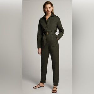 Massimo Dutti belted cotton linen jumpsuit in olive.  Size small.  Never worn!